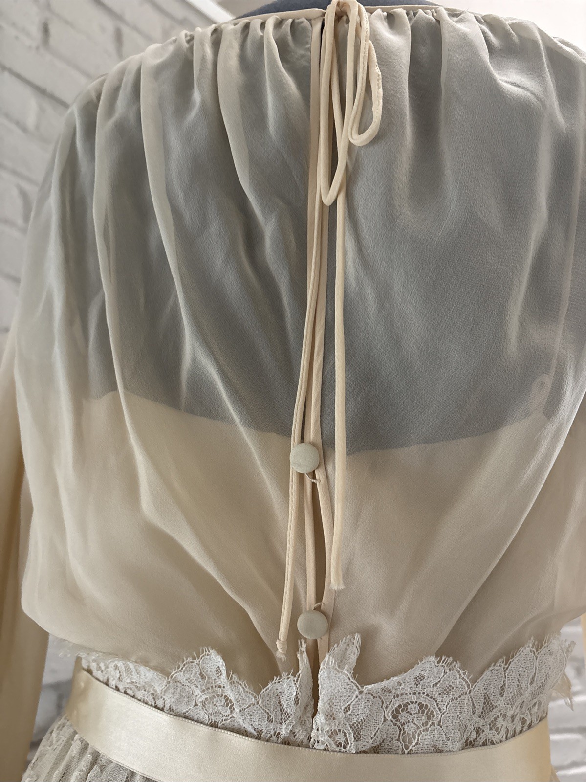 VTG 1970s Bill Blass Elizabeth Arden Ivory Chiffon Lace Dress Wedding Bridal S/M