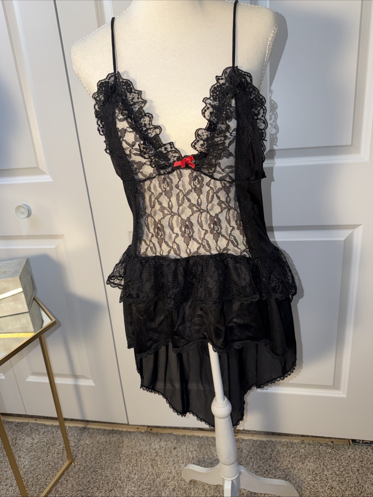 Vintage Usa Stroke Of Midnight Lace Slip Dress Hi Lo Size Medium Whimsy Goth