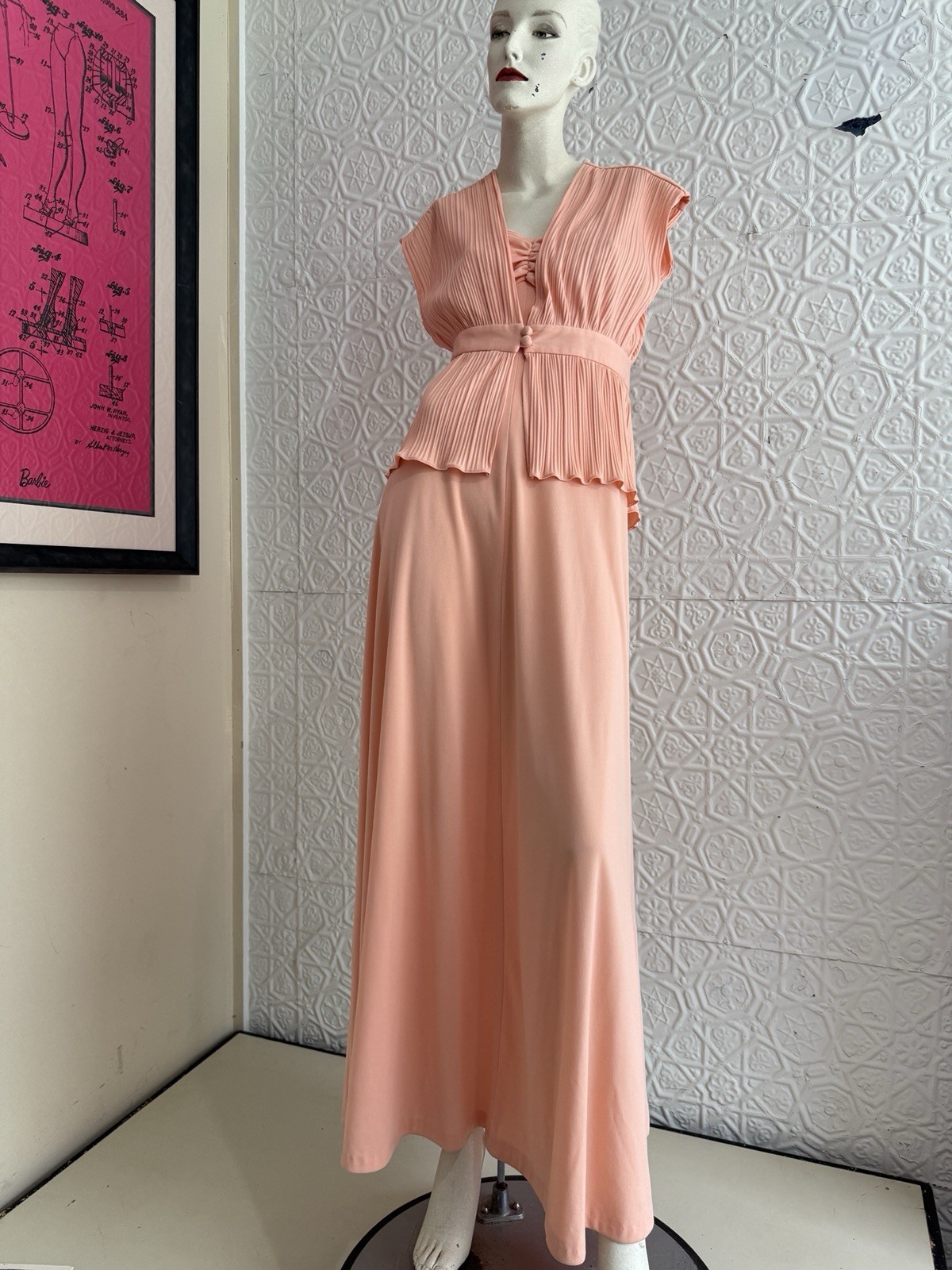 vintage 1970s peach gown-Prom-Party-Bridal-S/M orange maxi dress Femme pink
