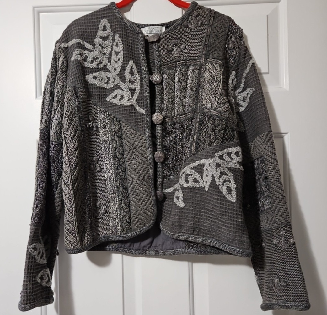 Sandy Starkman Sweater Cardigan Womens S Abstract Artsy Boho Gray EUC