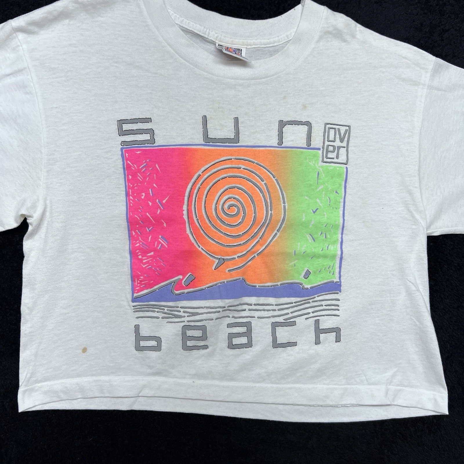 Vintage 90S Surf Fun N The Sun Beach Graphic Women’s White Cropped Top Tee Sz M