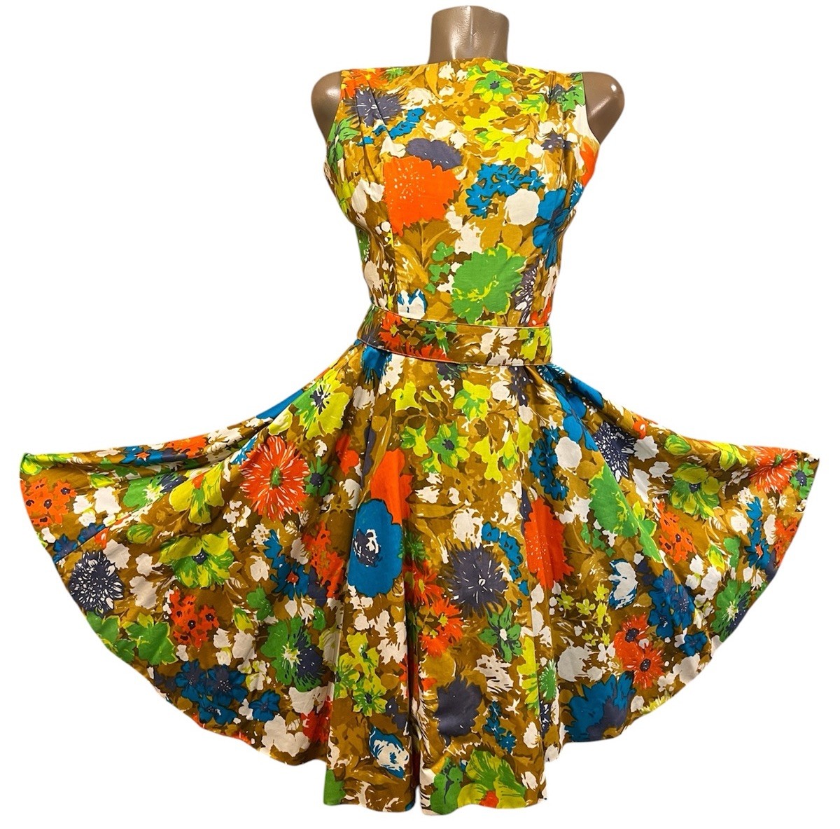 VTG 50s 60s Jay Herbert Bold Vibrant Floral Flower Power Full Circle Dress XS S