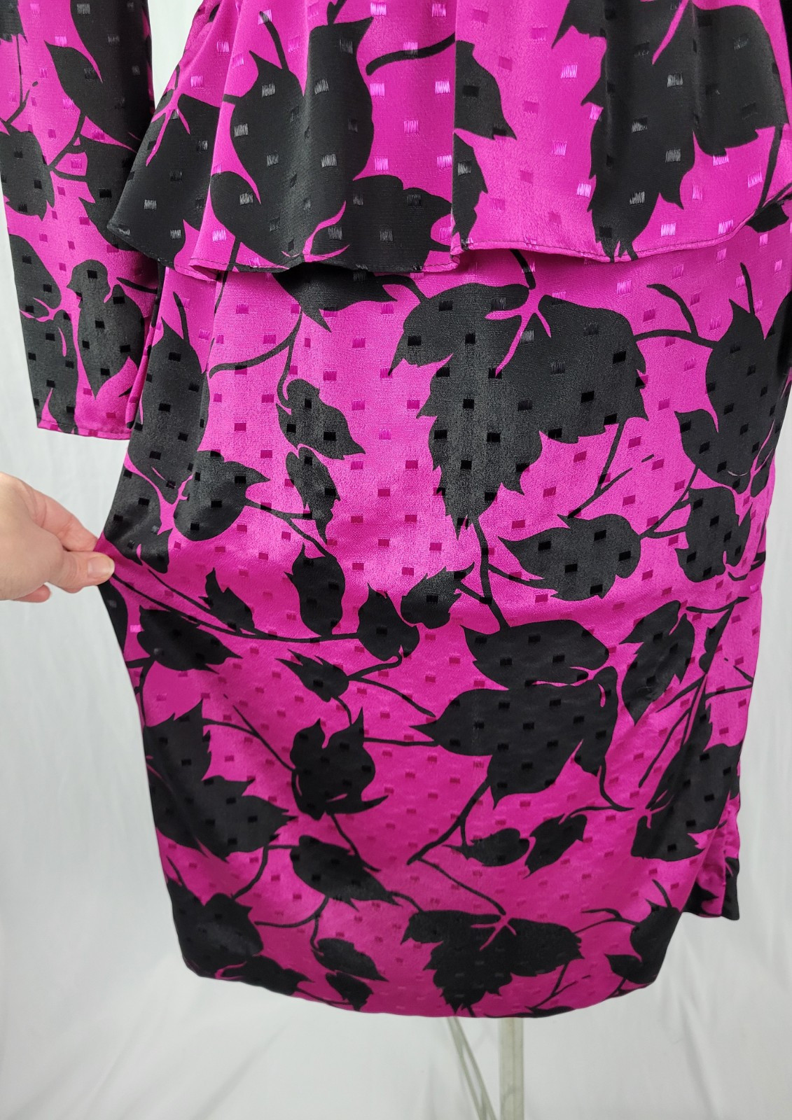 Vintage Jody of CA Pink & Black Faux Wrap Dress w Peplum & Tie Back Size 3/4