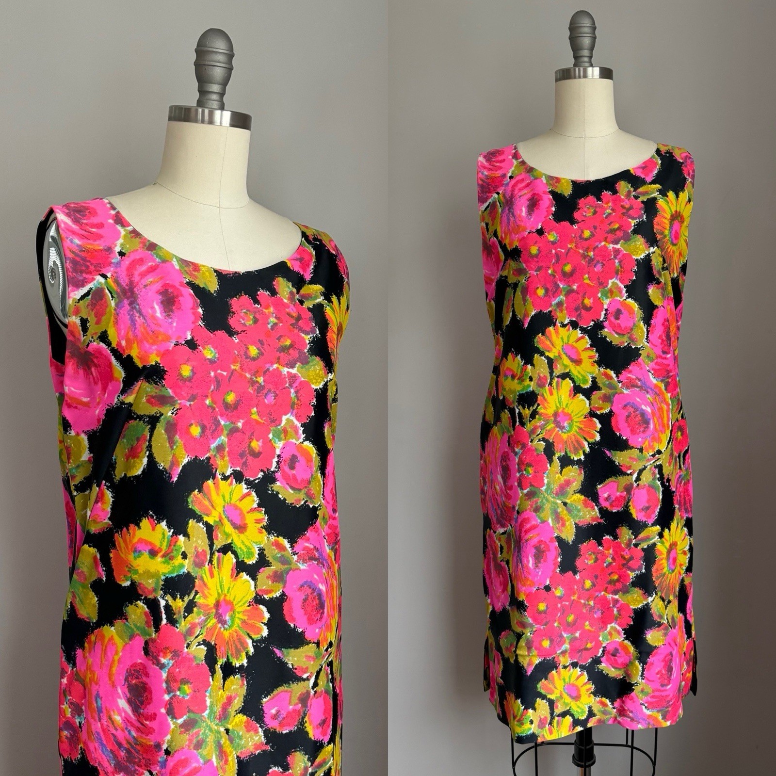 Vintage Mod 1960’s Neon Pink Day Glo Roses & Floral on Black Shift Dress XS/S