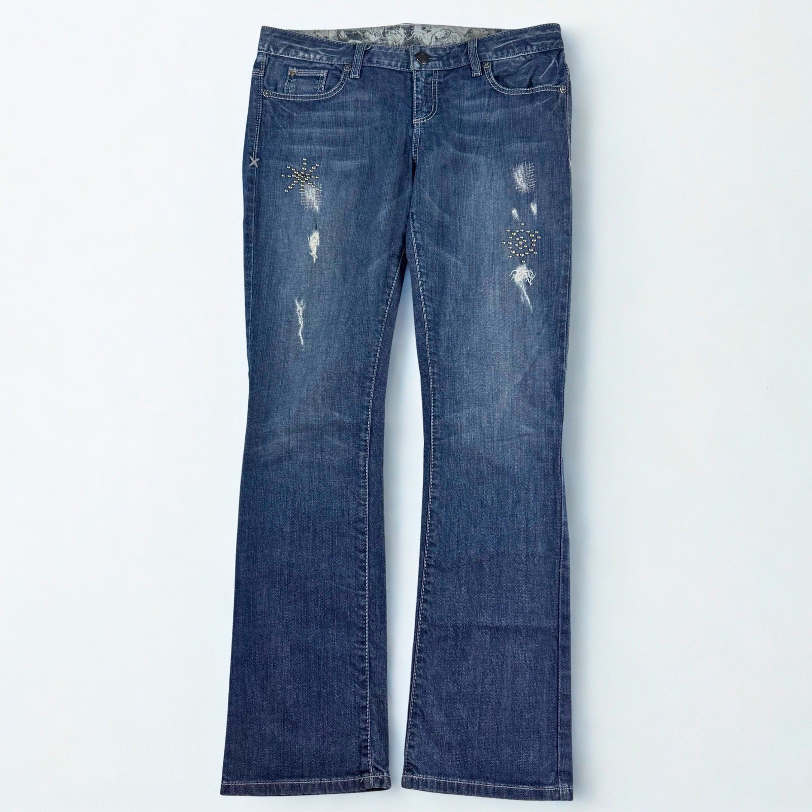 Vintage Guess Bootcut Jeans Womens 32 Blue Distressed Studded Pocket Y2K Indie