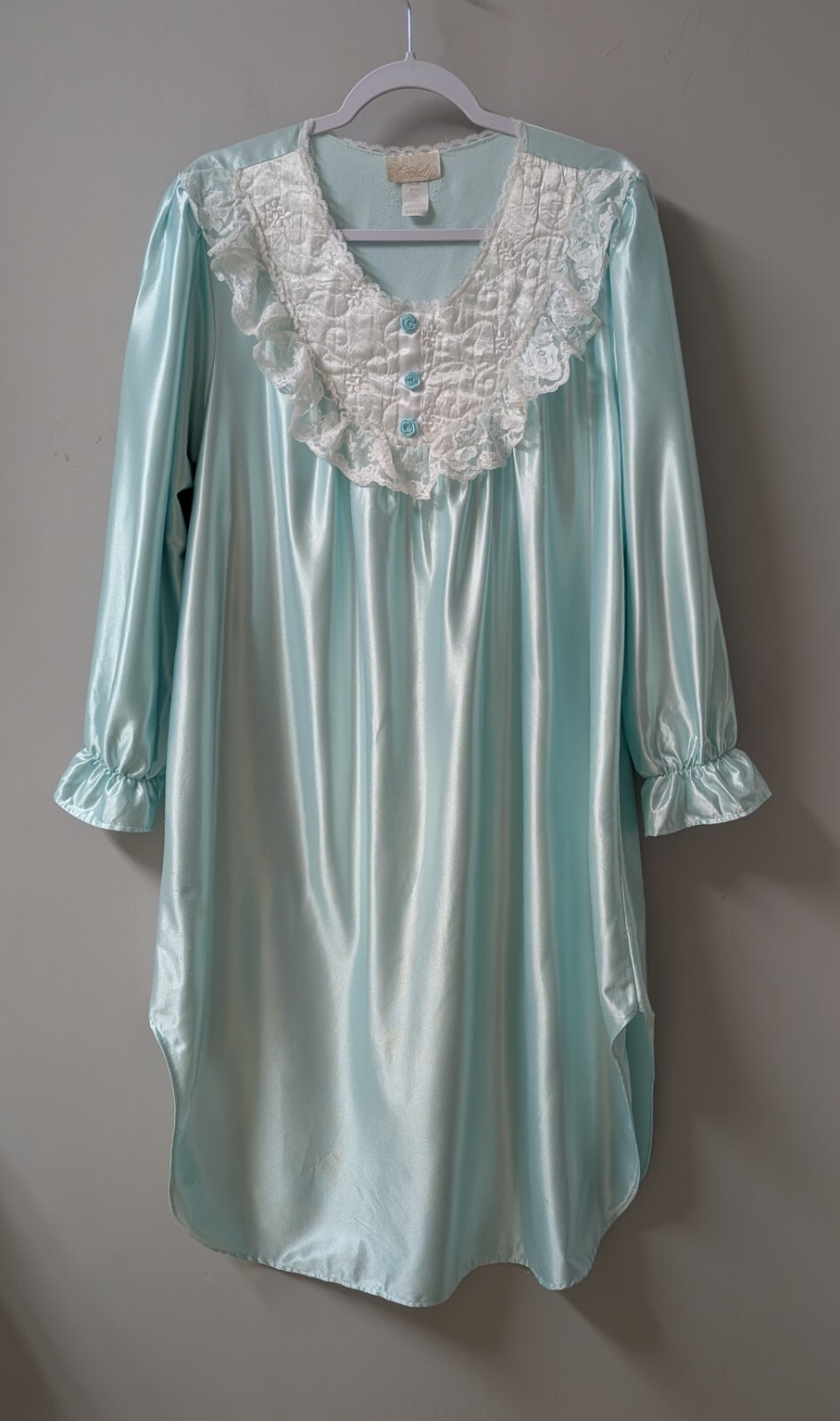 Vintage CACHET Glossy Satin Nightgown Blue White Lace Coquette 16-18