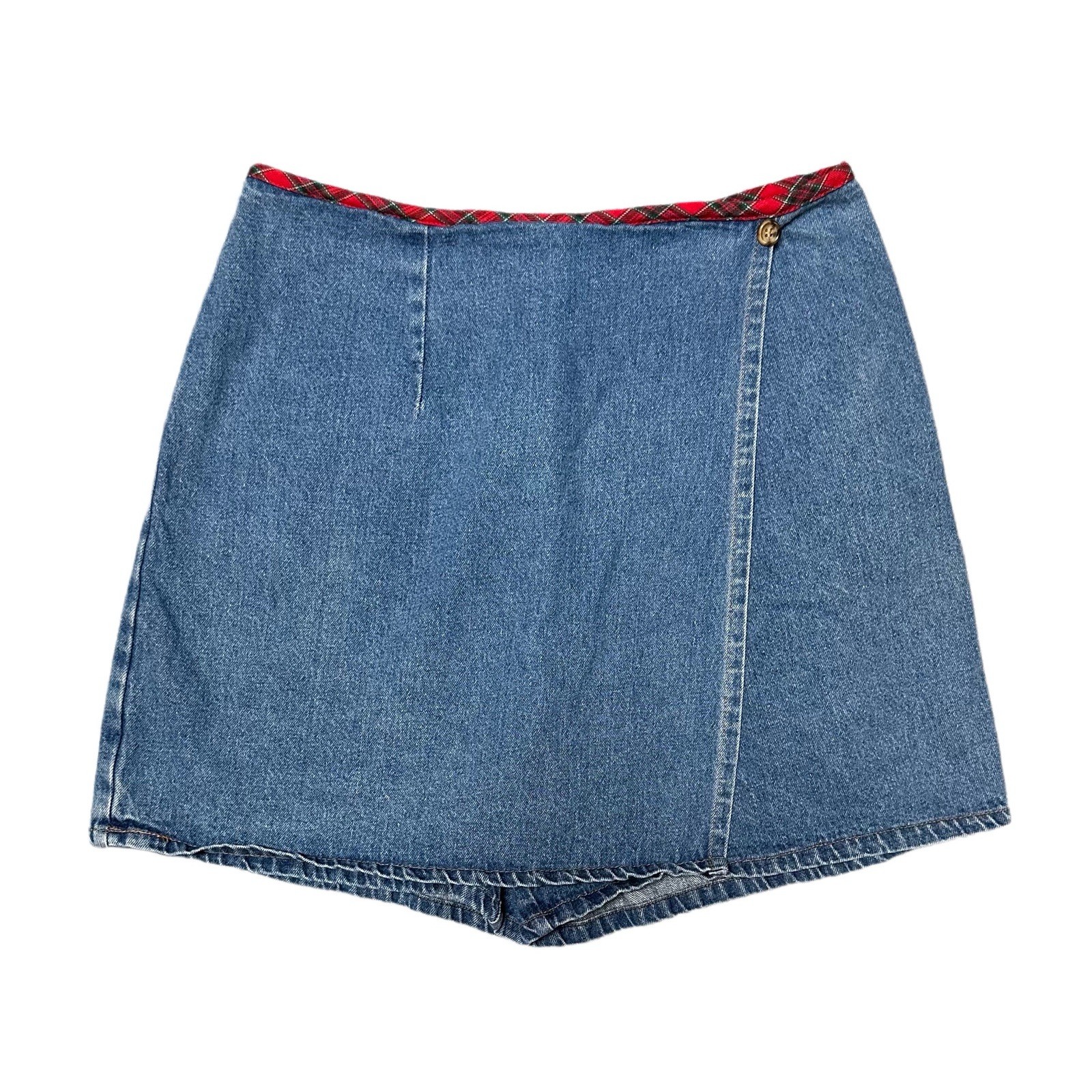 90s Vintage My Michelle Blue Jean Denim Skort Tartan Trim 13 Grunge Punk Preppy