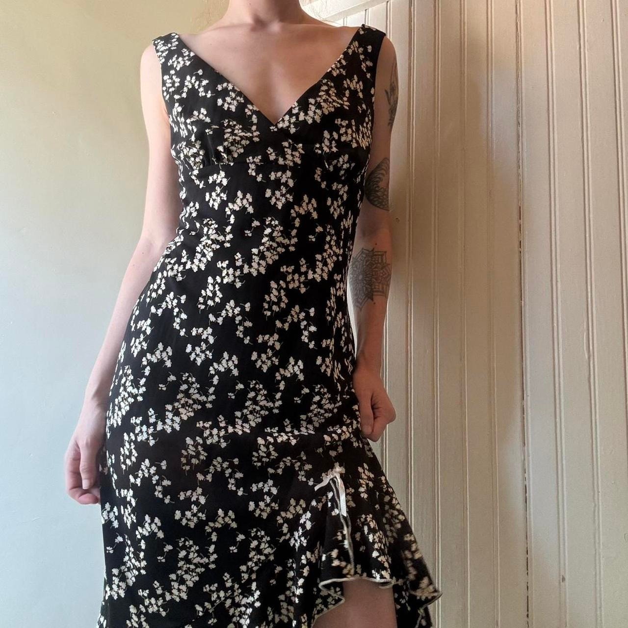 Vintage Jodi Kristopher Black White Floral Midi Dress Ruffle Women’s Medium