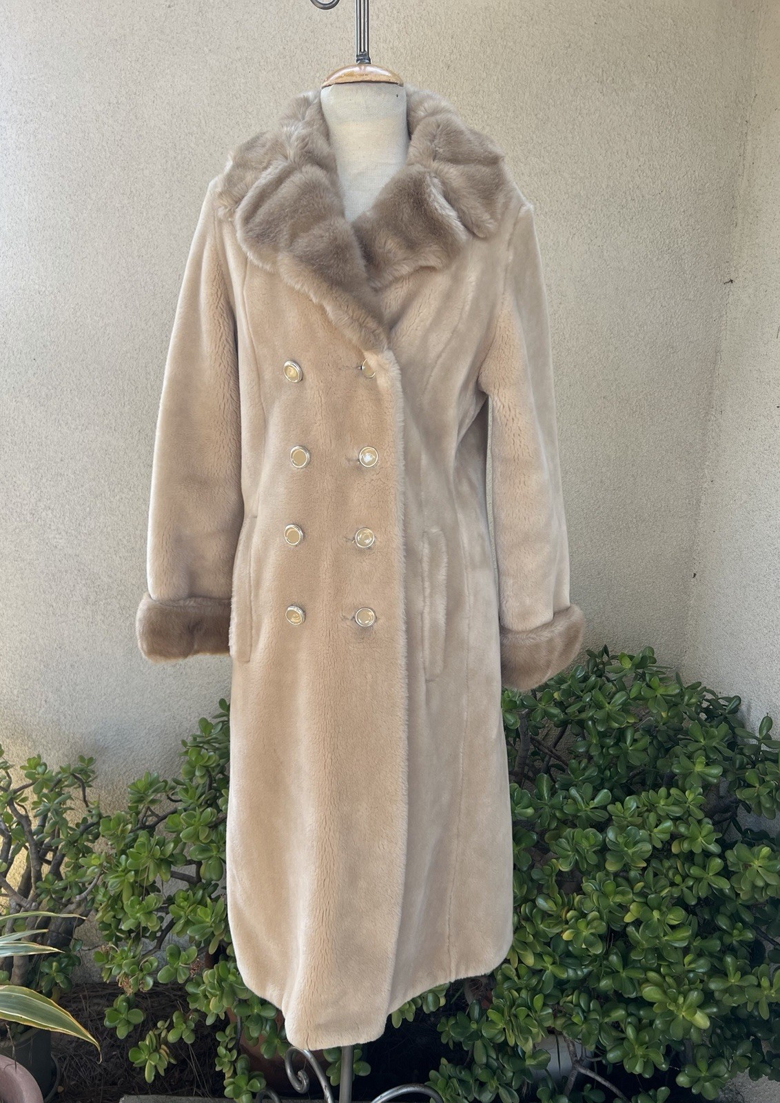 Vtg Winter Faux Fur Coat Cream Taupe Pockets S/M Borgana Betty Rose