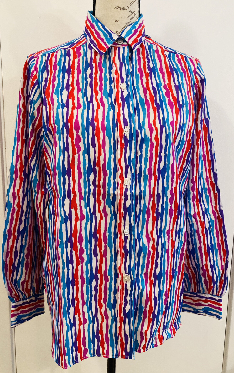 EVAN-PICONE Retro Secretary Vtg Blouse Multi Color Striped Button Up Poly 14 USA