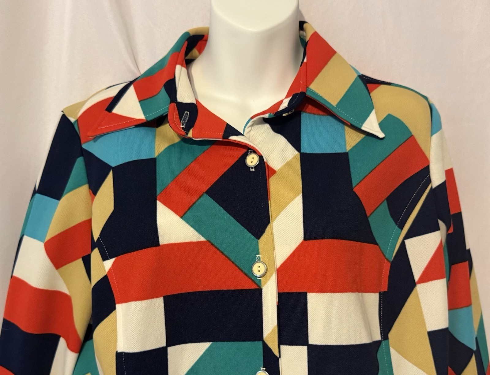 RARE Vtg 70’s 2 Pc Alex Coleman Suit Geometric Print Top Orange Pants Sz Sm