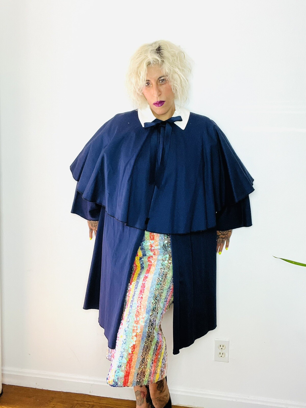 1980’s 80s Cotton Faille Oversized CAPE Peter Pan Collar Vintage Swing Coat L XL