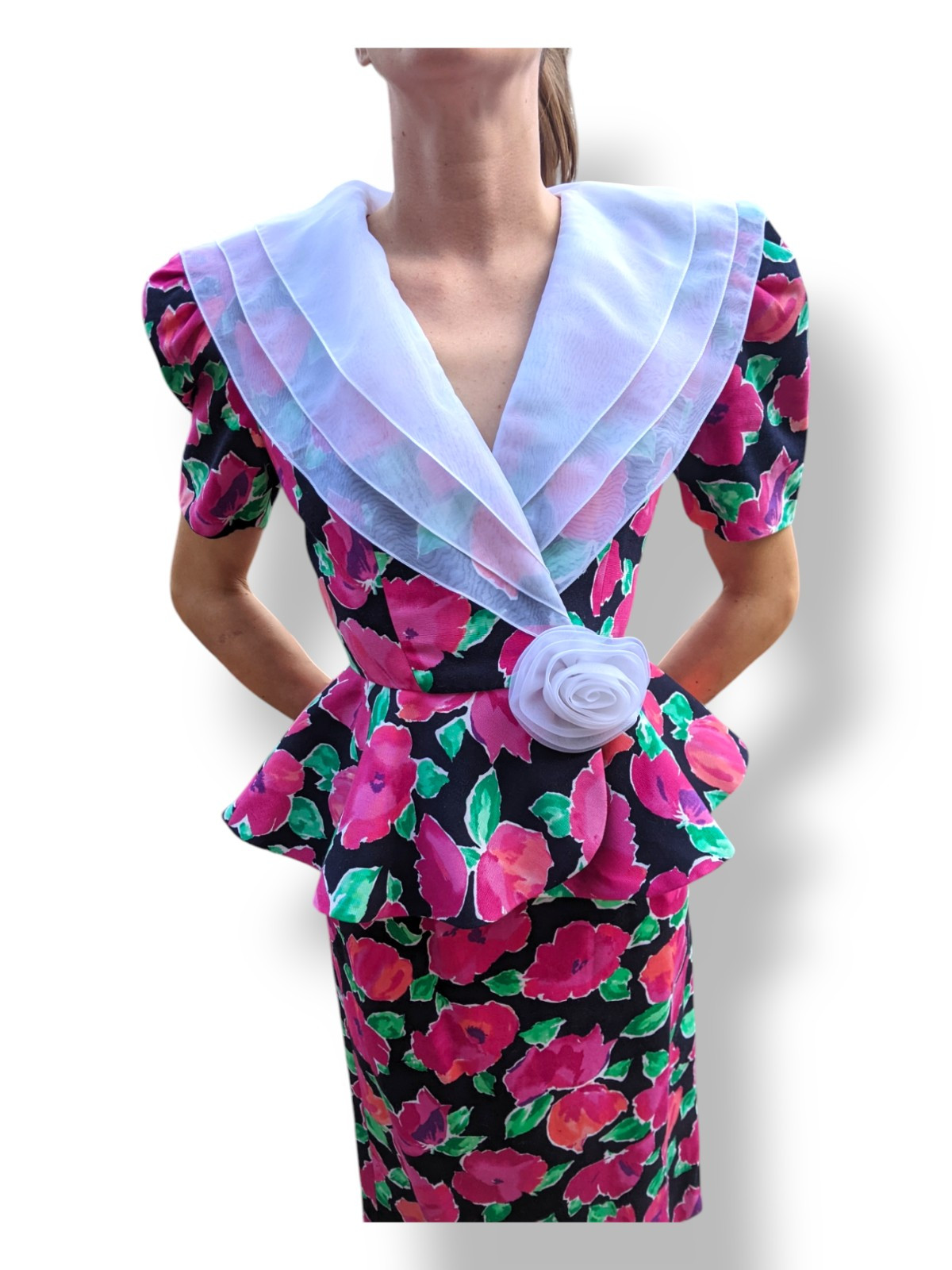Vtg Leslie Fay 80s Peplum Jacket Top Chiffon Collar Rose Floral Easter Suit Sz 4