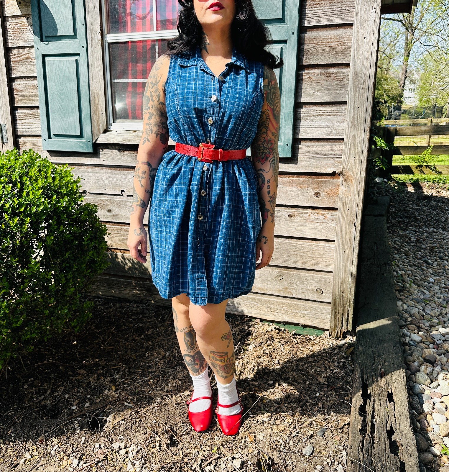 Medium | Vintage 1990’s Plaid Denim Cotton Button Down Dress