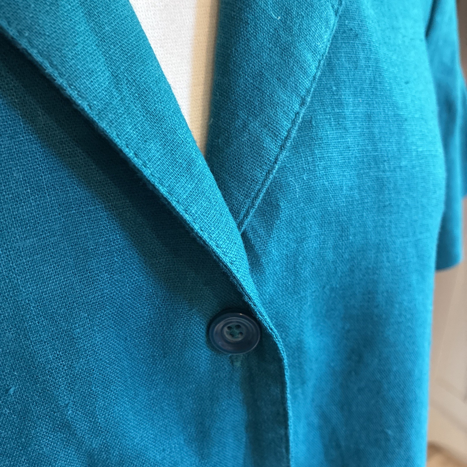 Vintage Linen Teal Collared Button Up Blouse Large Short Sleeve Blue Green 90s