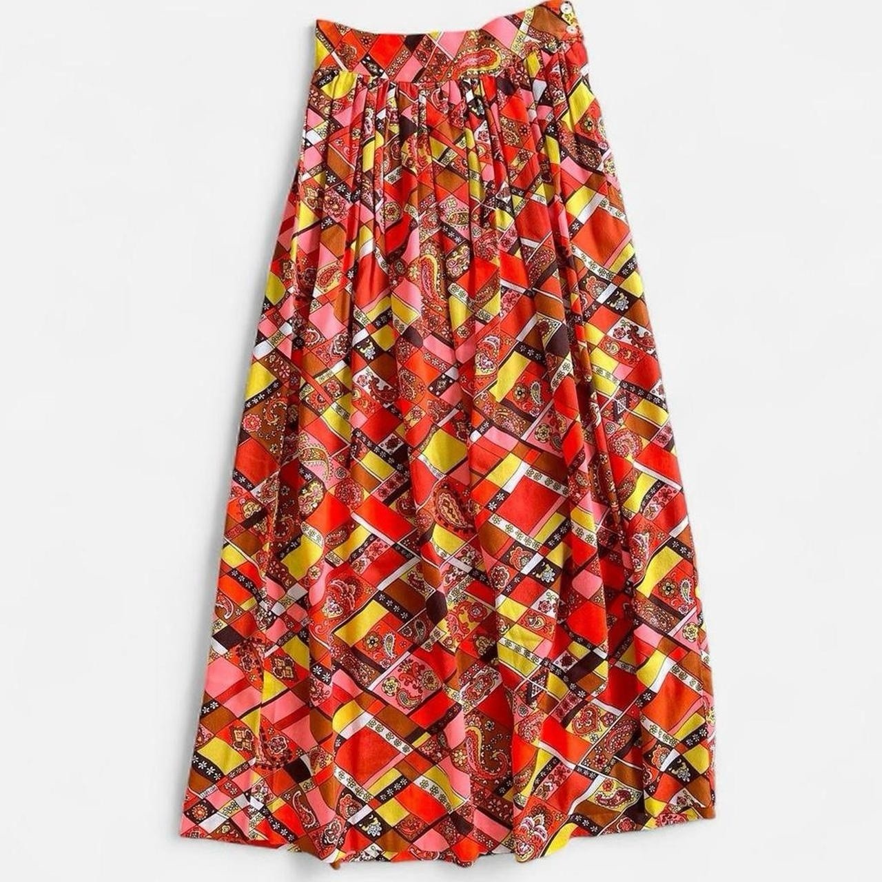 Vintage Retro 60s 70’s Polyester Paisley Orange Yellow Pink Brown A-Line Skirt