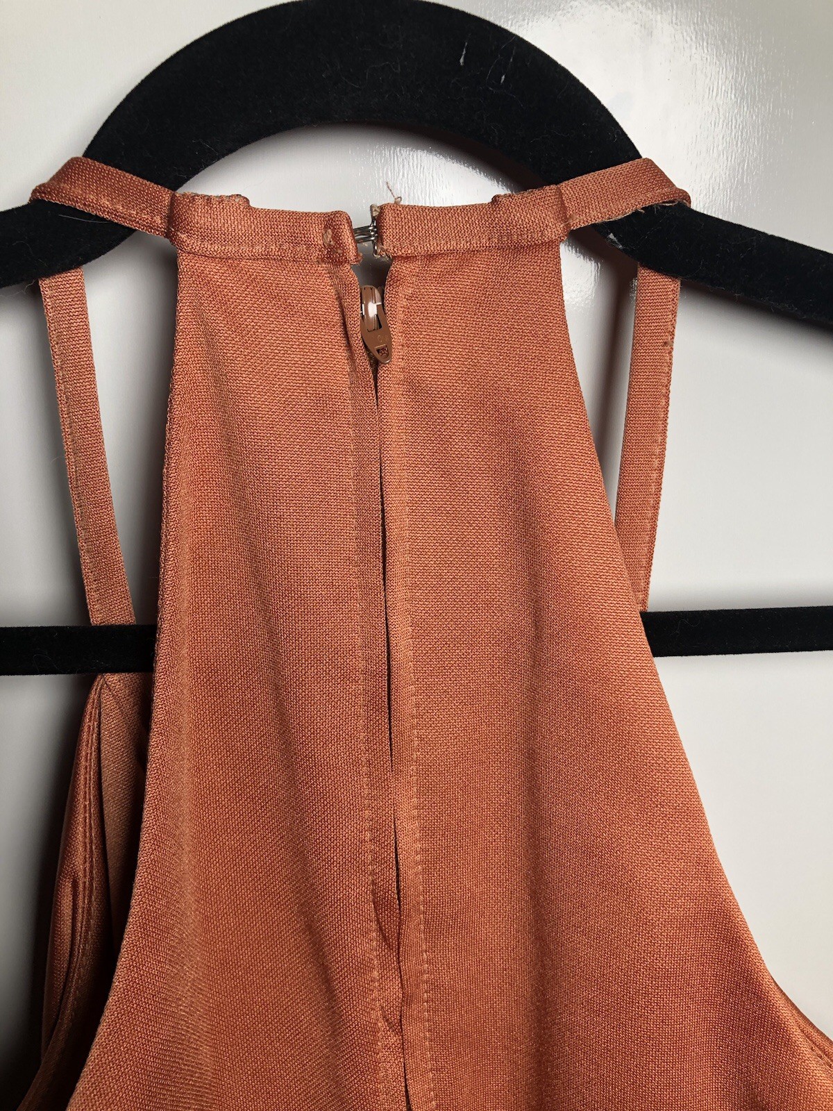 Vtg 70s Halter Maxi Dress Burnt Orange Boho Disco Evening 30-28-34 S/XS DAMAGED