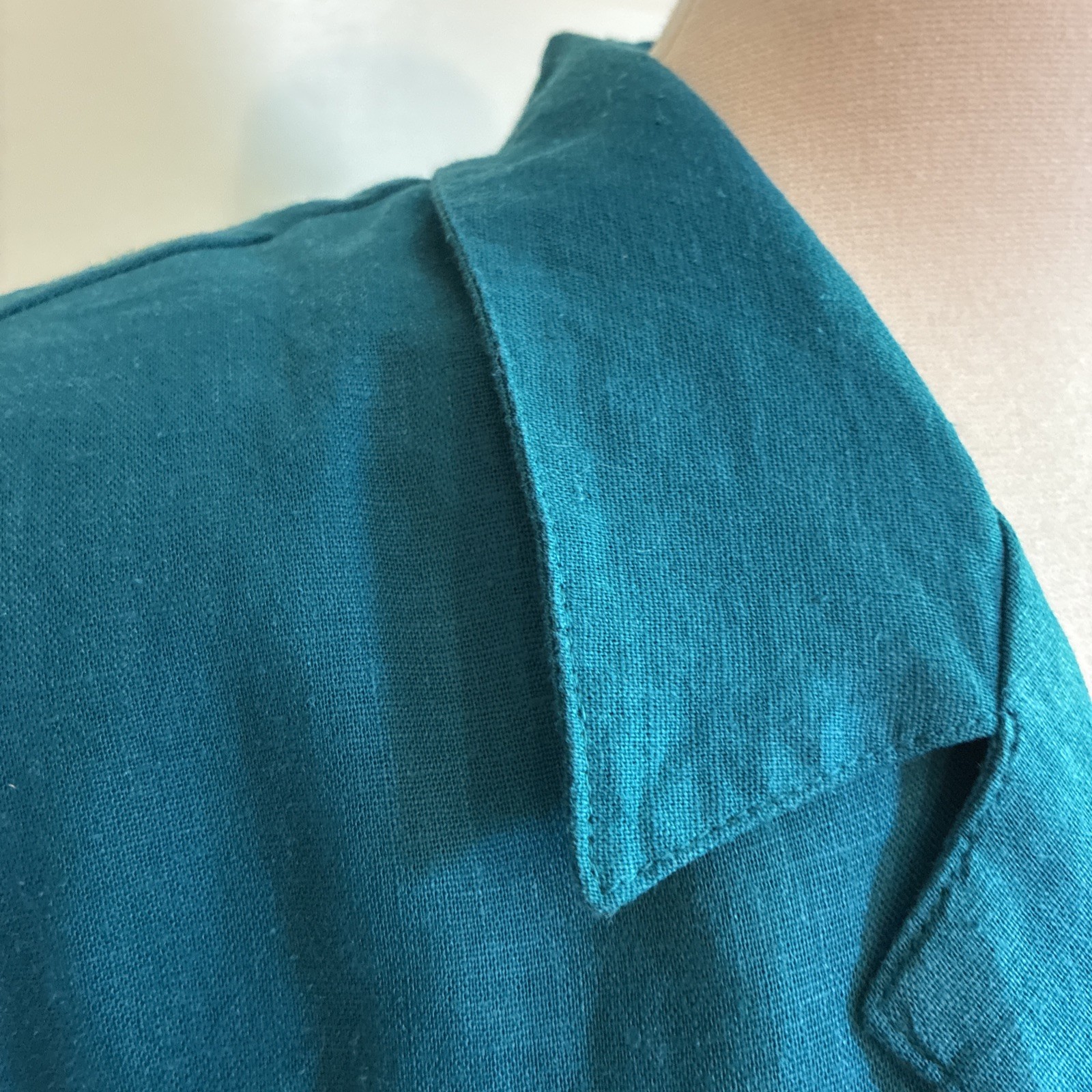 Vintage Linen Teal Collared Button Up Blouse Large Short Sleeve Blue Green 90s