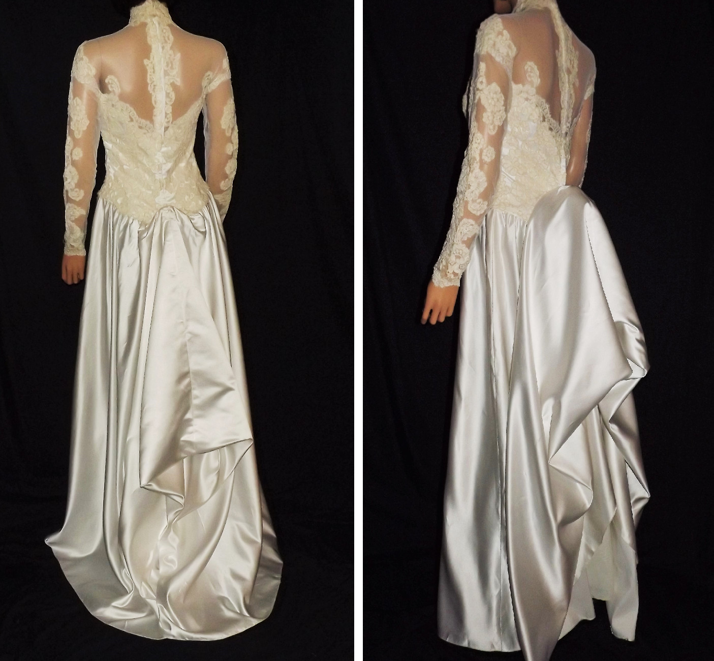 Liquid Satin Silk Wedding Dress Illusion Lace Ivory A-Line Bridal Gown