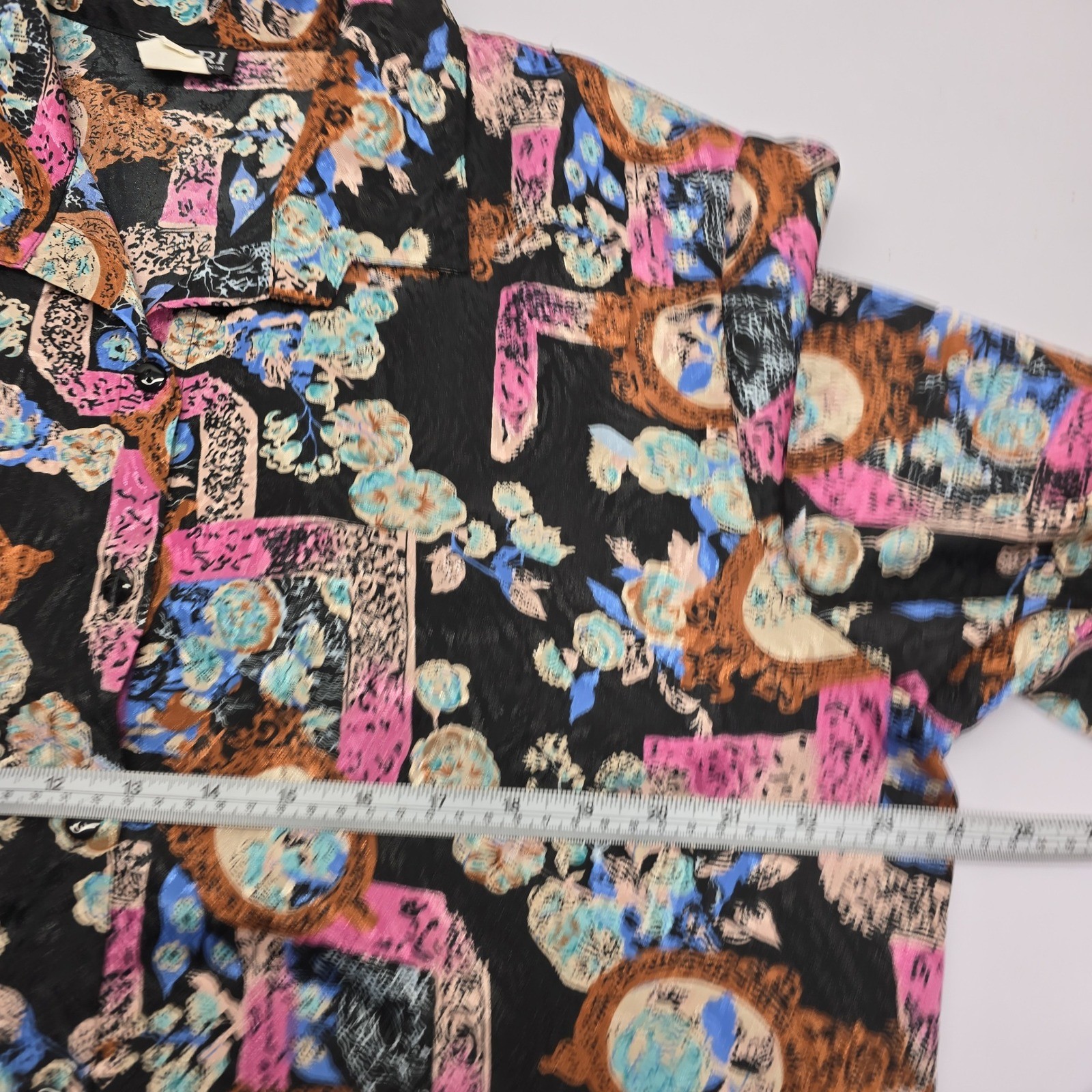 Lori of California Vintage 90s Baroque Floral Button Down Shirt Black Pink Blue