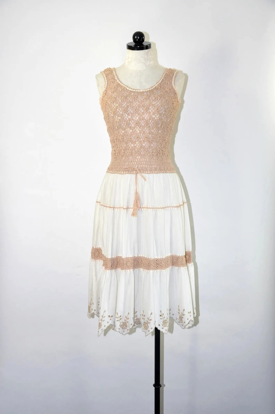 60s Beige White Sheer Crochet Knit Strappy Bohemian Peasant Sundress Women S M