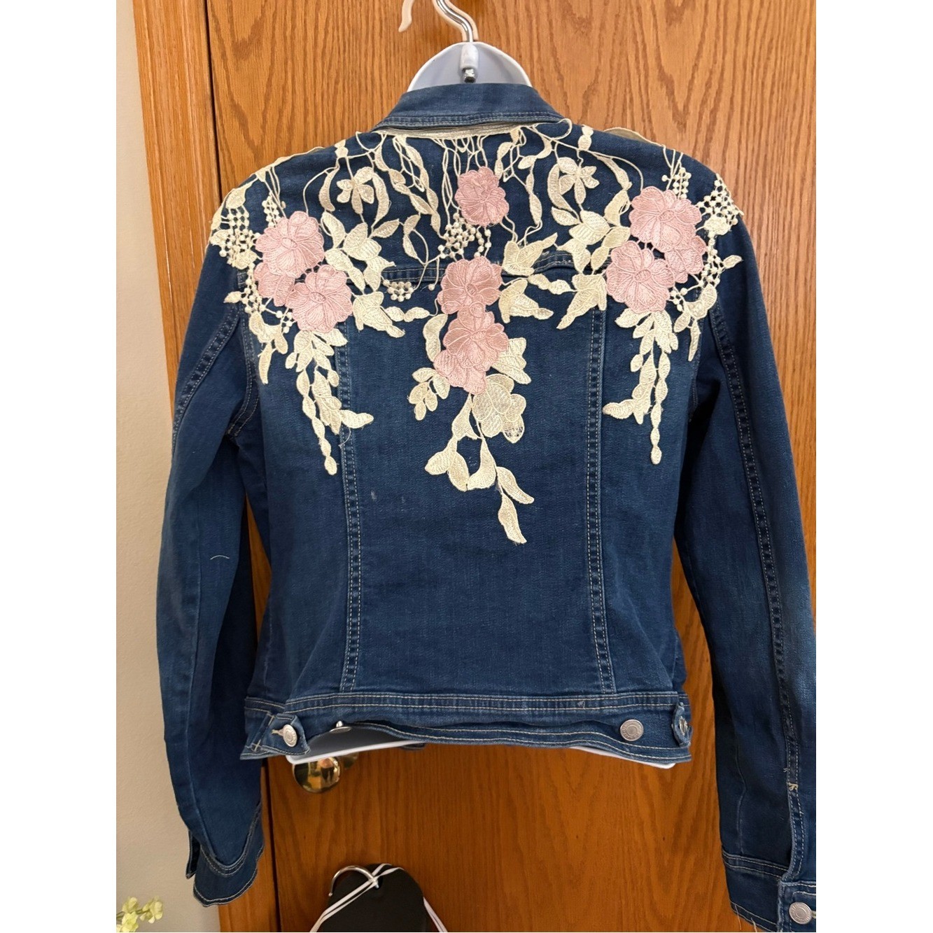 One of a kind Old Navy Denim jean jacket with Cream and pink Stitching