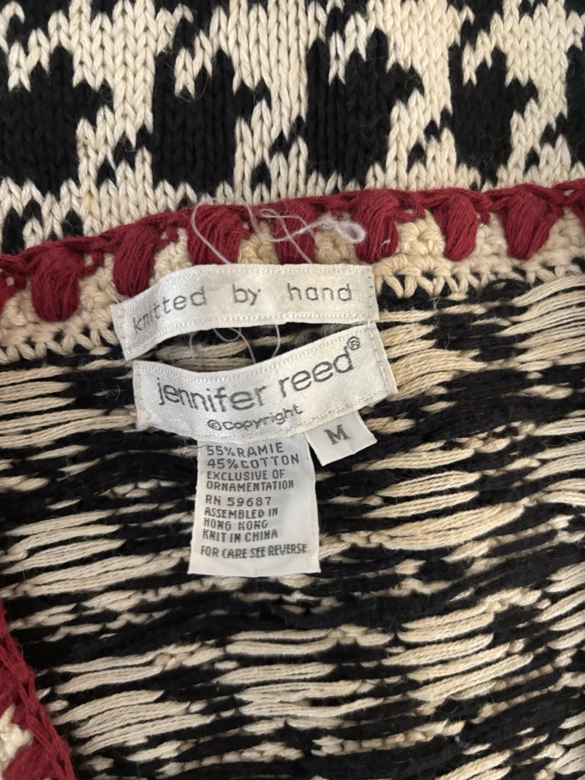 Vintage 1980’s 90’s Houndstooth Cotton Sweater Jennifer Reed Long Cardigan