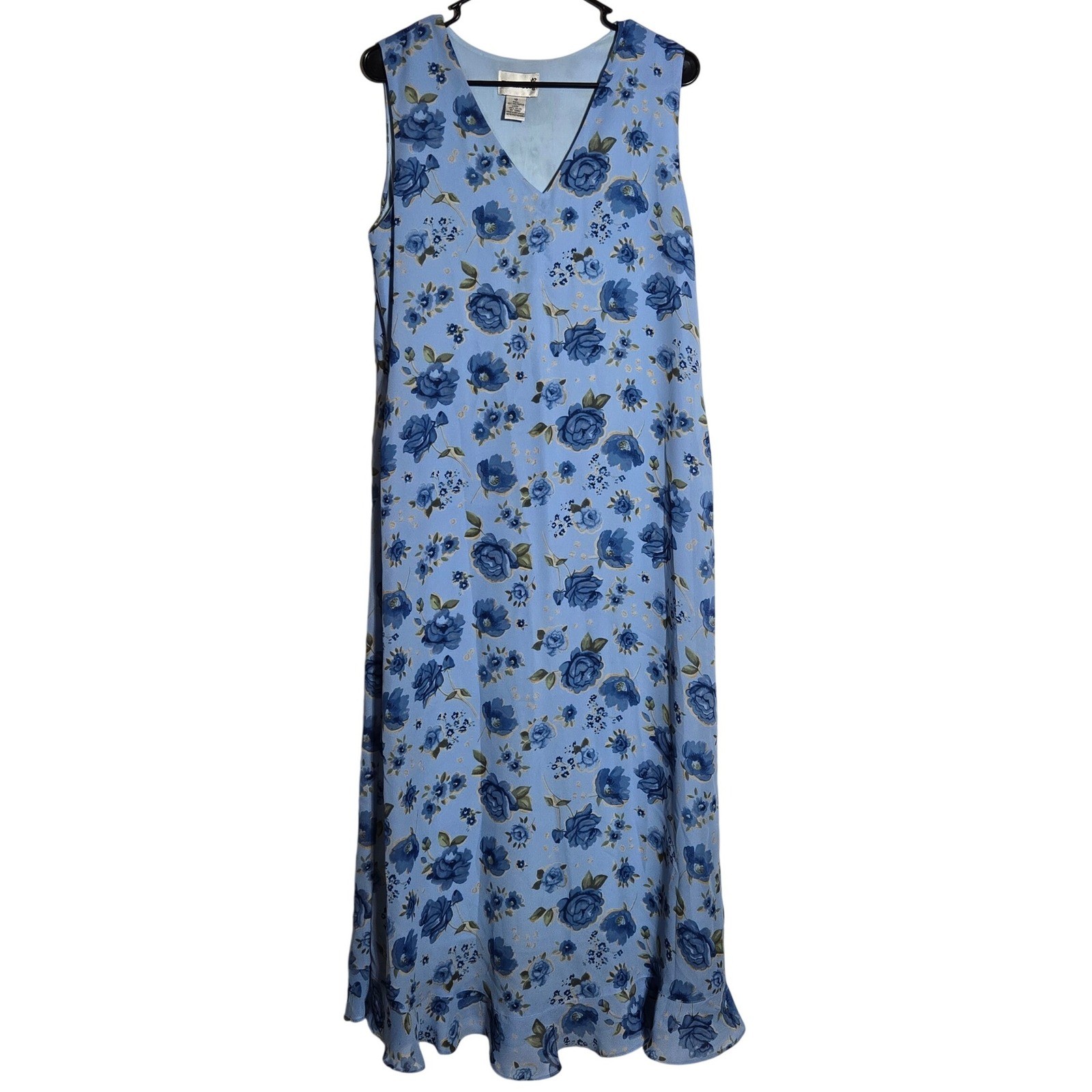 Vintage Fashion Bug Blue Floral Rose Maxi Dress 12 90s Cottage Fairy Garden Boho