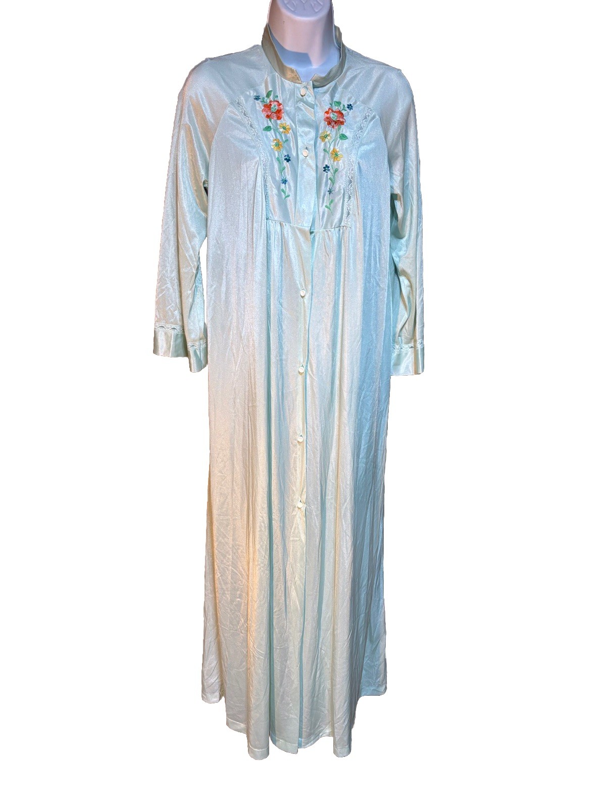 VTG Sears Mint Green Embroidered Flowers Silky Robe Size Small 32-34 READ USA