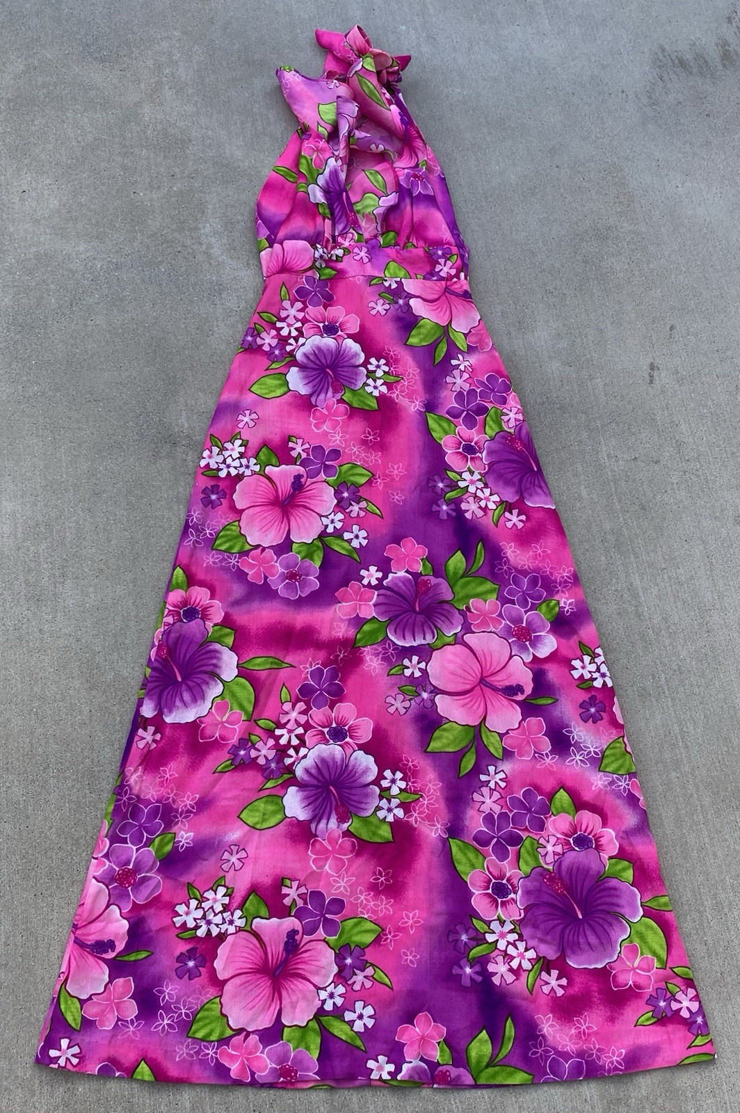 Vintage Pomare Hawaii Acrylic Hawaiian Halter Dress Ruffle Top Tiki Aloha Pink
