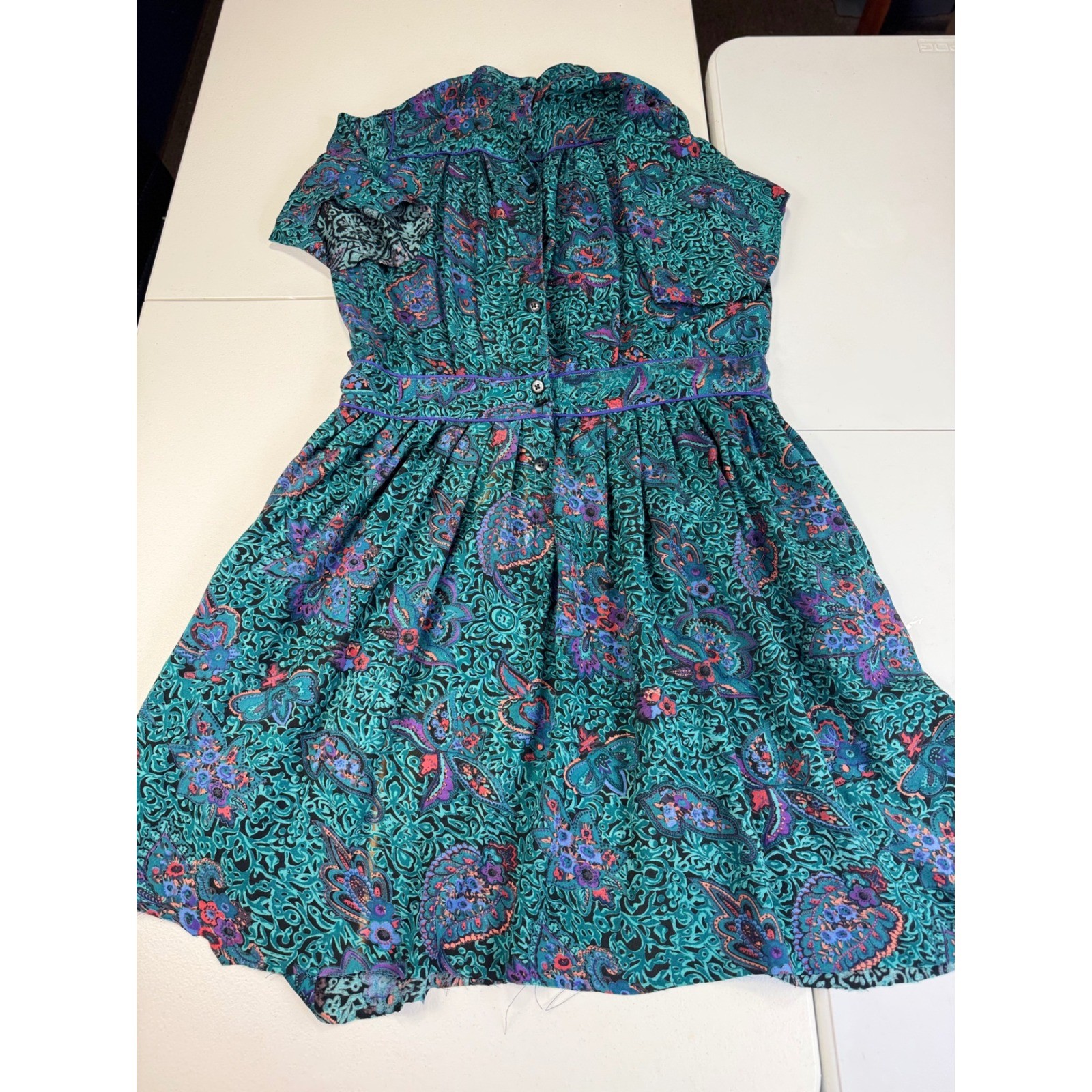 Vintage Phool Paisley Midi Dress Teal Purple Mock Neck Short Sleeve India M