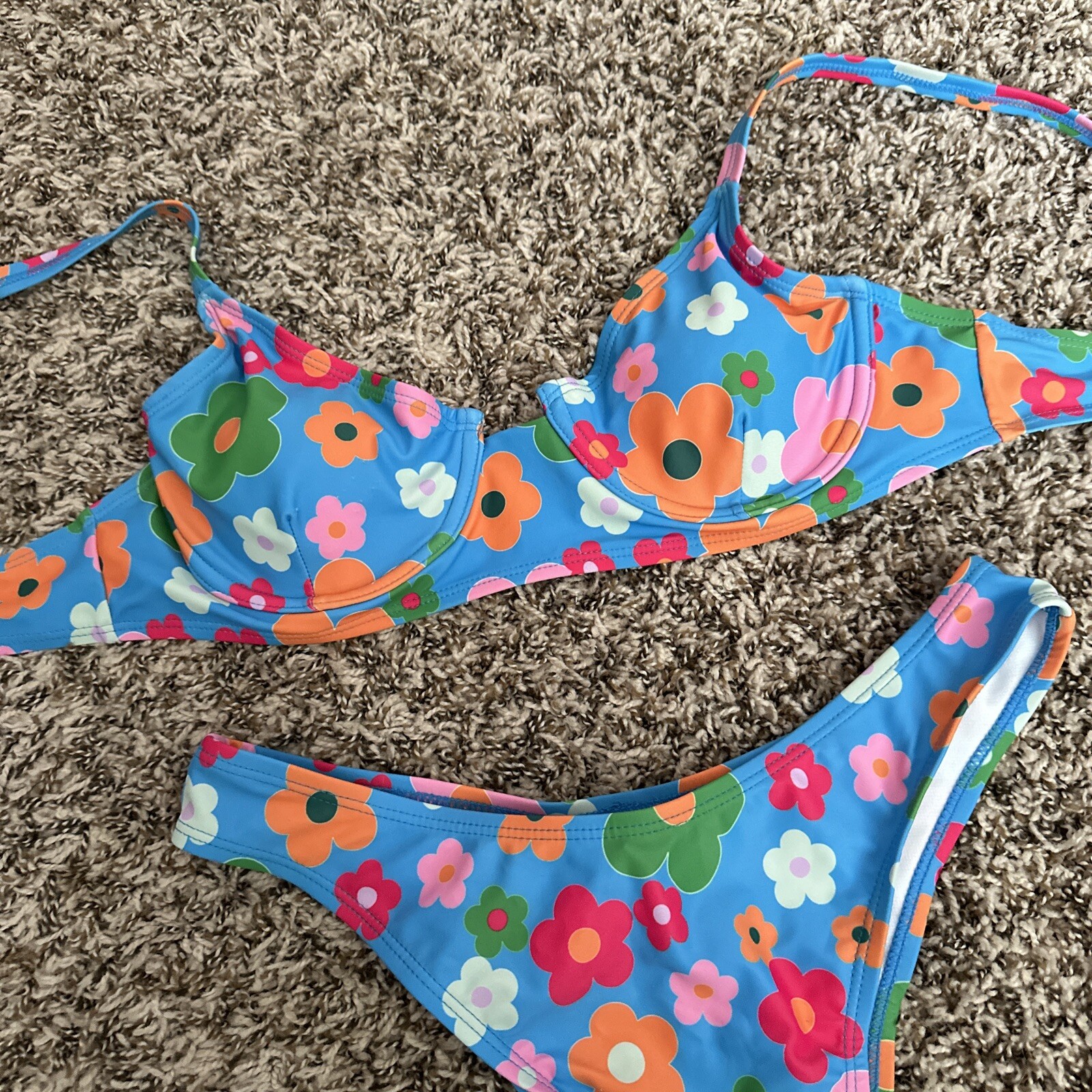 Vintage Style 60’s Women’s Bikini Blue Pink Orange Flowers Hippie High Waist M