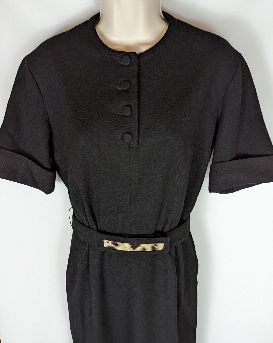 NANCY GREER NEW YORK VTG 70s Black Wool Belted Sheath Dress MED