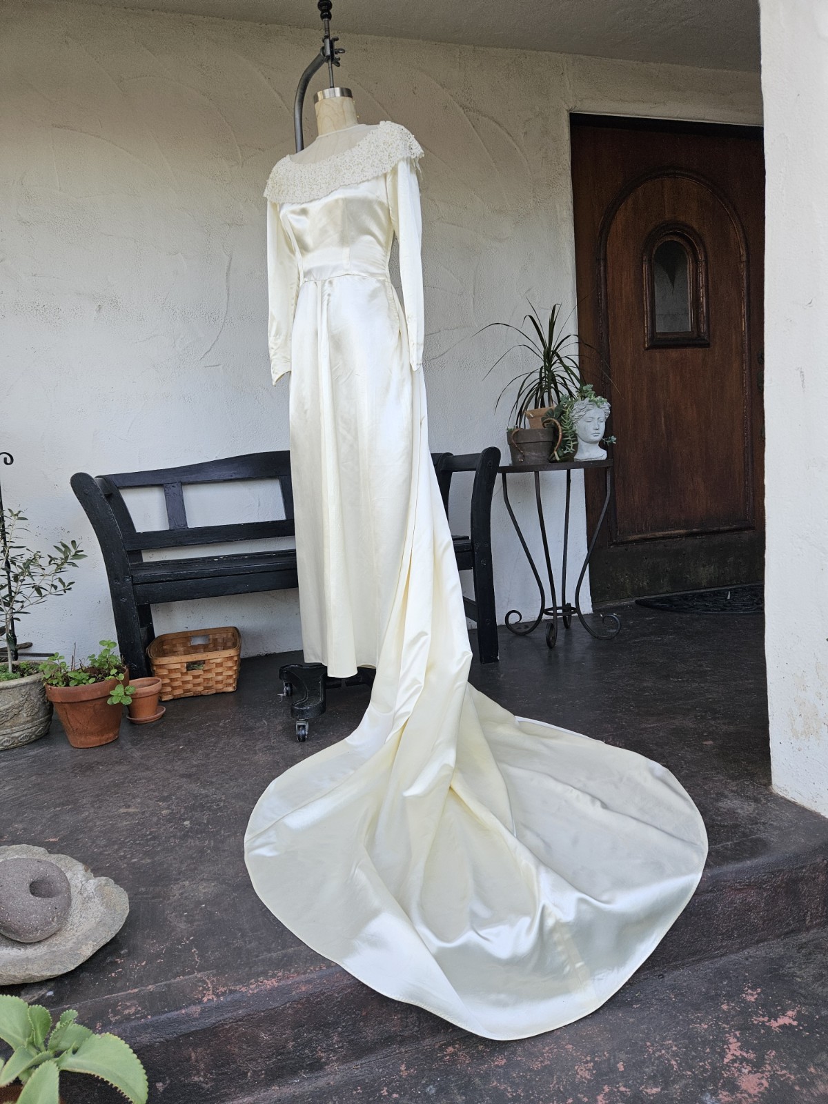 Vintage Classic 1940s-1950s Silky Satin Long Sleeve Wedding Dress W/train Lace 8