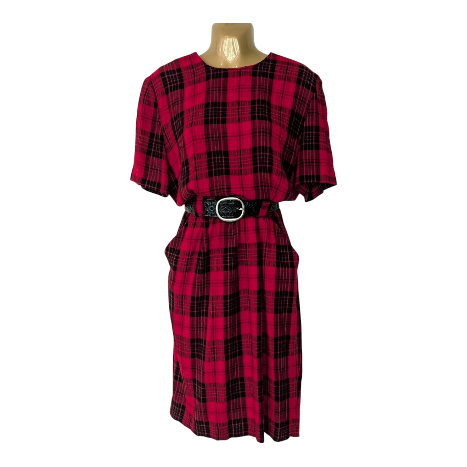 Vintage Rockabilly Dress 80s Does 50s Plaid Red Black Checked Wear to Work L 32W