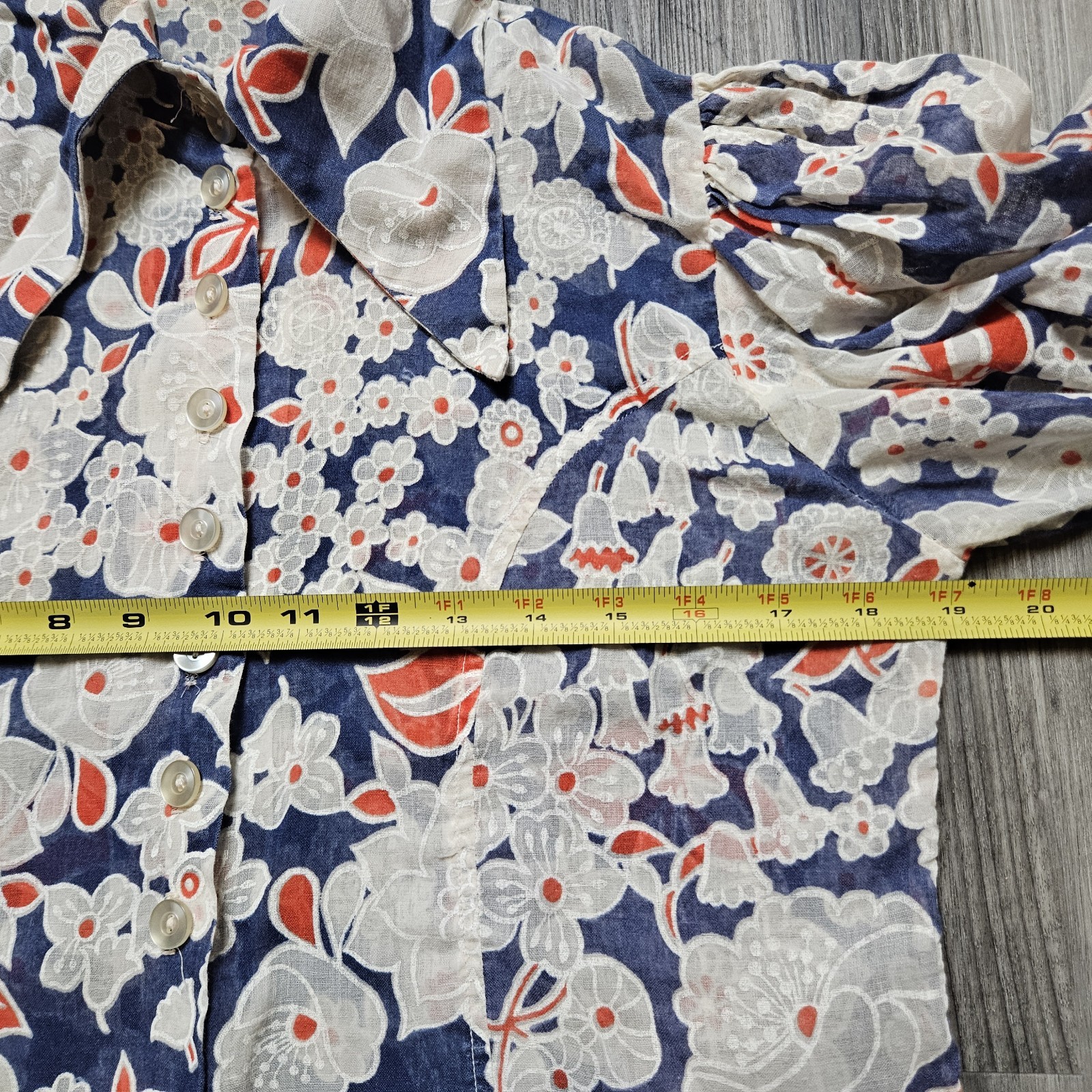 VTG 1960s Hand Made Red White Blue Floral Sheer Button Up Blouse Dagger Collar