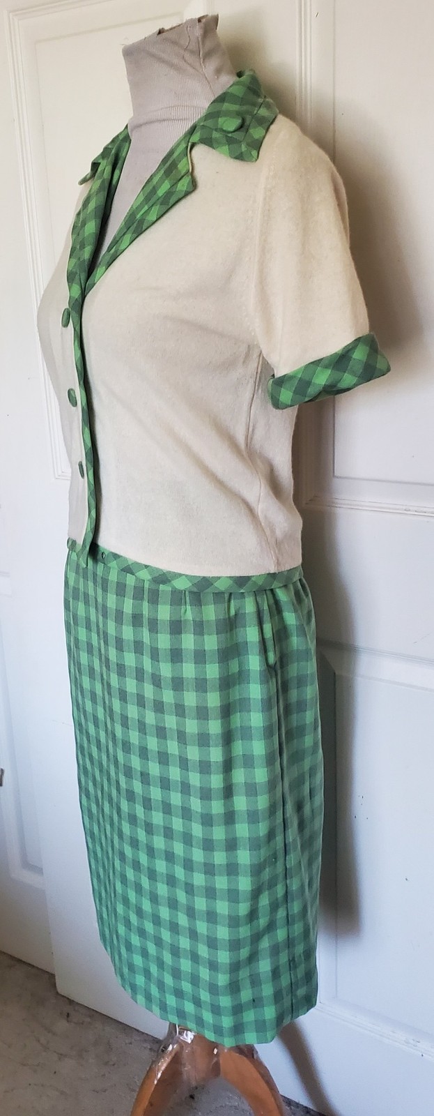 Vintage 50s Two Piece Checked Sweater Skirt Set Green Gray Orlon Wool B36