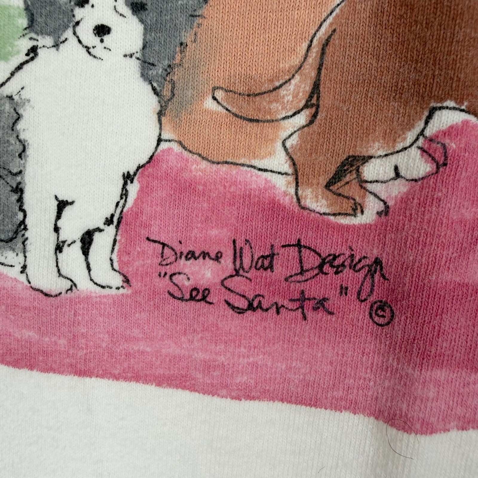 Vintage Diane Wat Hand Painted Christmas Dogs Santa T-Shirt White One Size