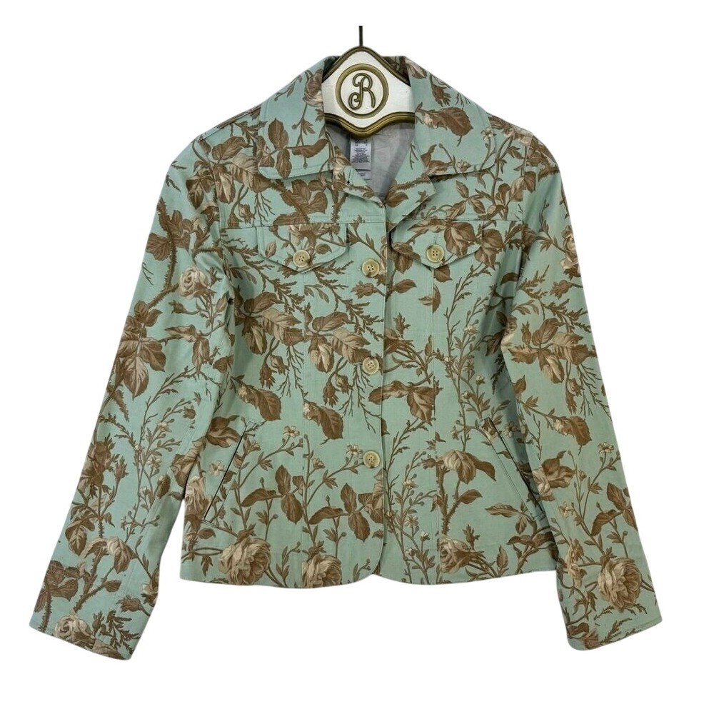 Villager Boho Floral Jacket SMALL Green Button Front Blazer Casual Retro Indie
