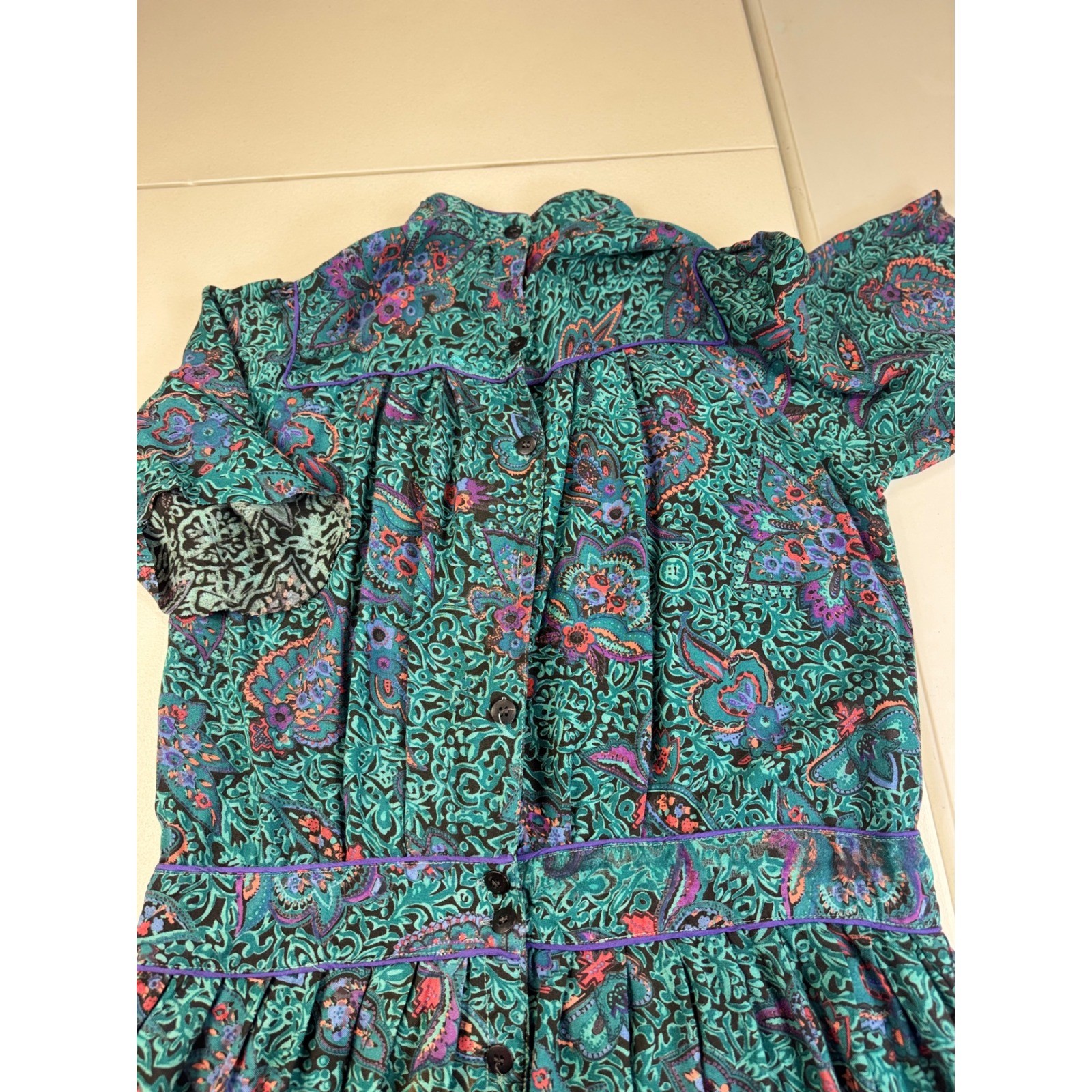 Vintage Phool Paisley Midi Dress Teal Purple Mock Neck Short Sleeve India M
