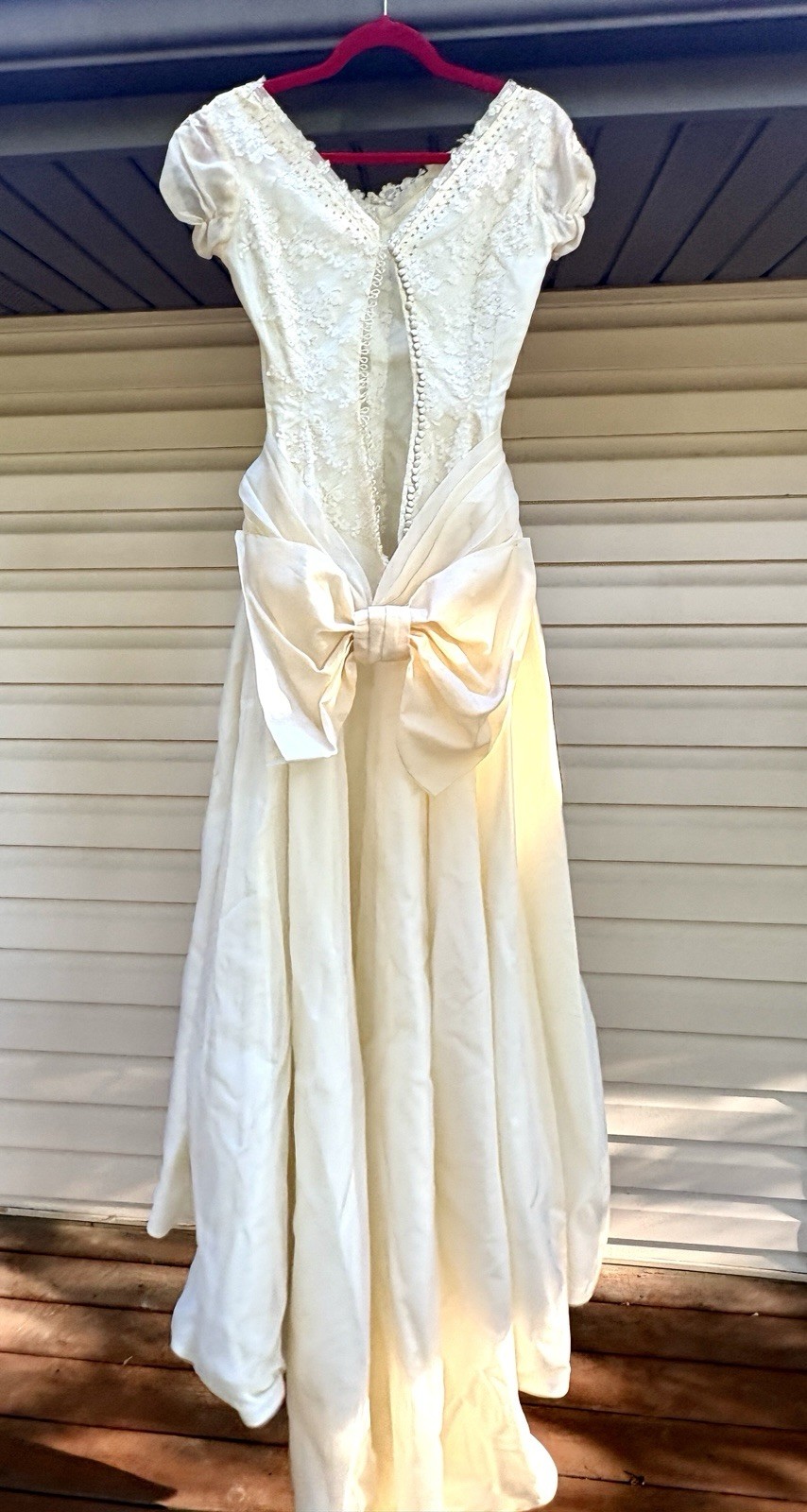 Vintage 1950s Satin & Lace Button Back Wedding Dress w Beads, Bow & Lace Gloves