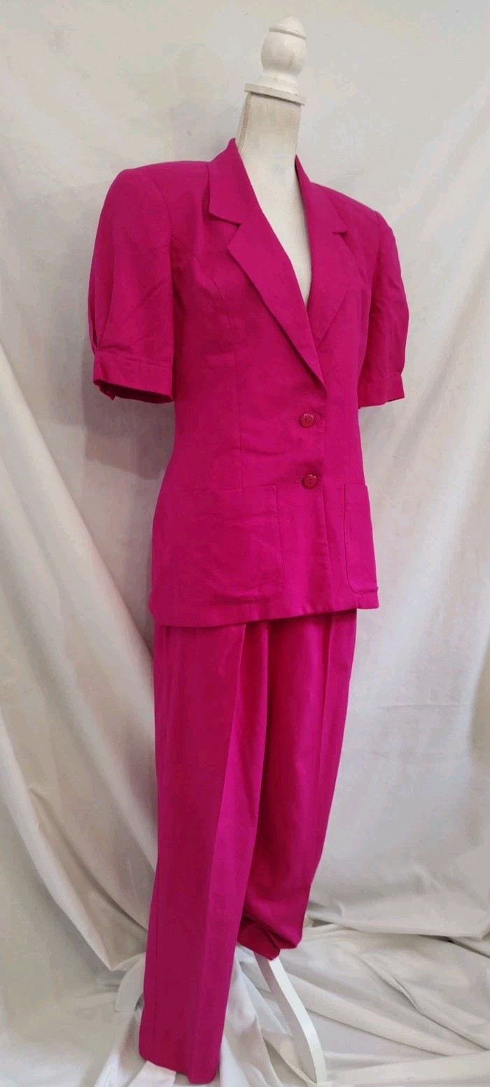 80’s Vintage 100% Silk Pants Suit SK & Company Hot Pink Short Sleeve Sz 10