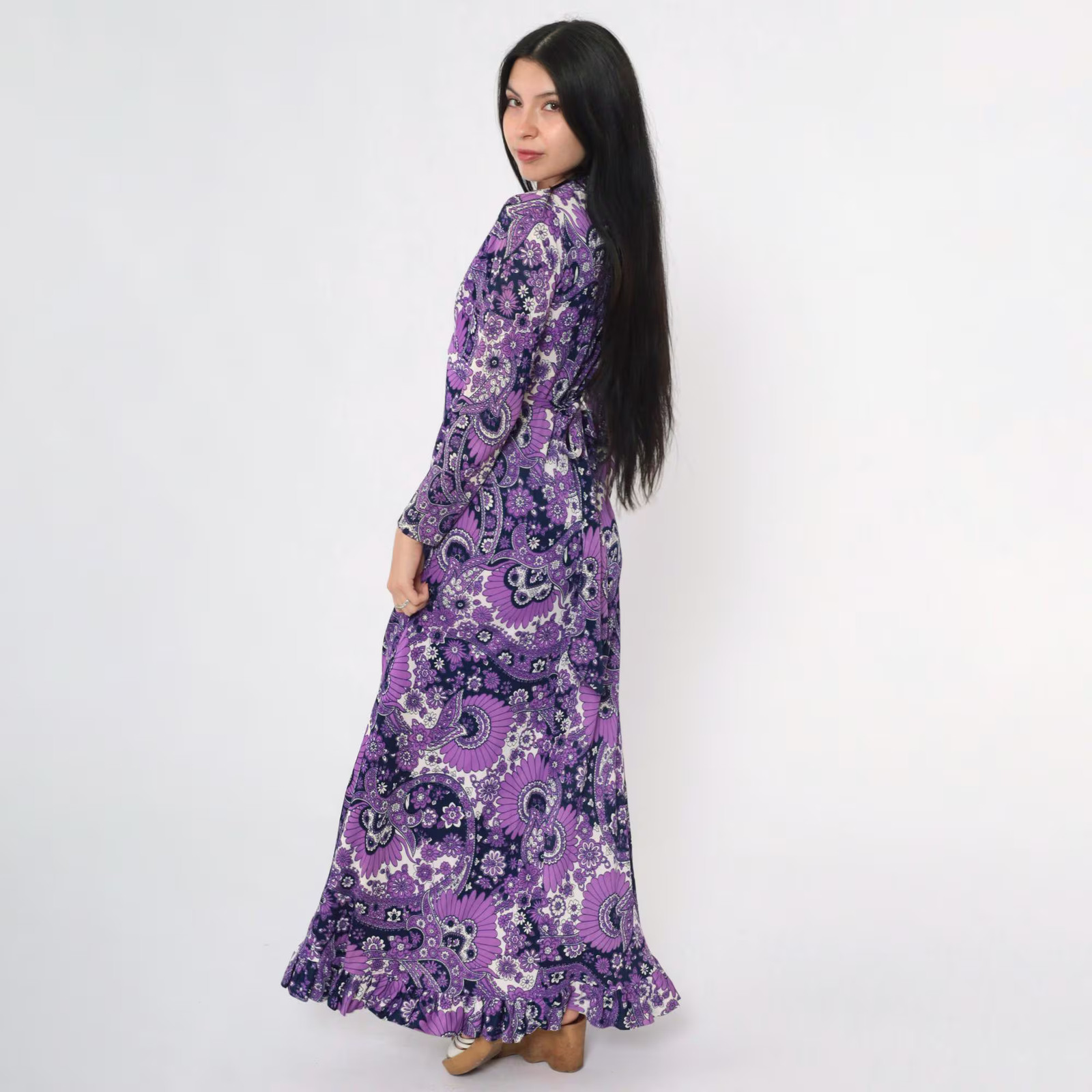 70s Psychedelic Maxi Dress Vintage Purple Paisley Floral Print Bohemian Gown V N