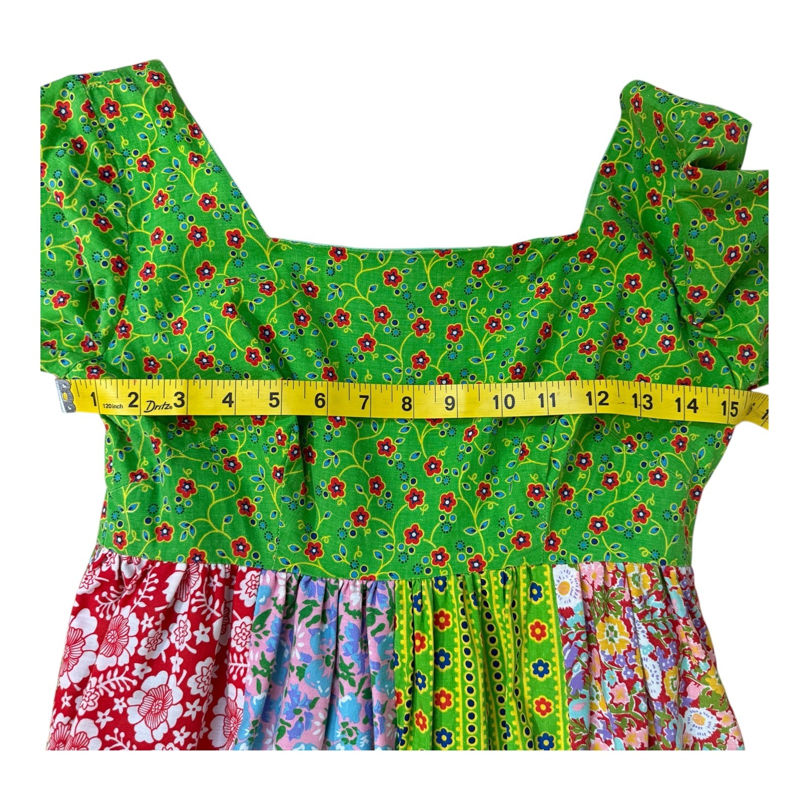 Vtg Mountain Artisans Patchwork Maxi Hippie Dress Floral Boho Green Pink Size 8