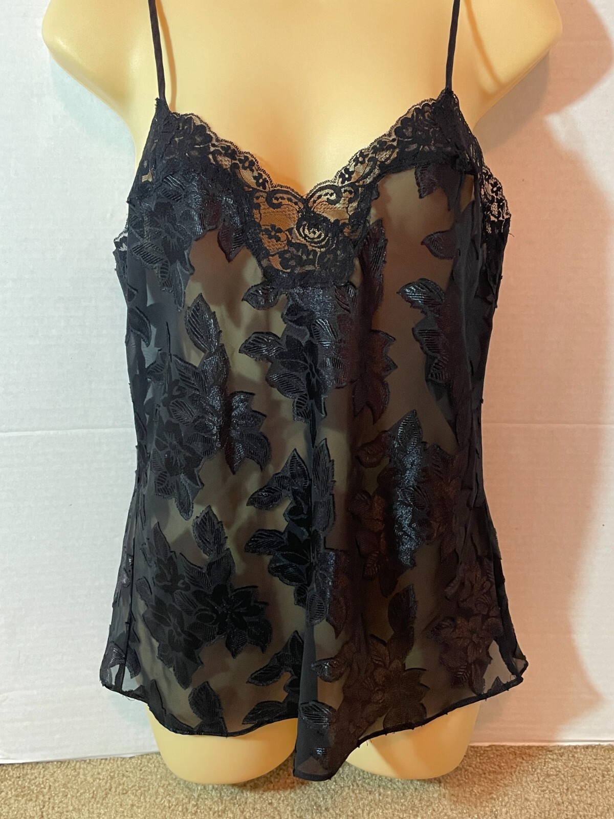 Vtg SHEER CHIFFON & SATIN Floral BURNOUT Camisole Top Sexy Black Honors Small