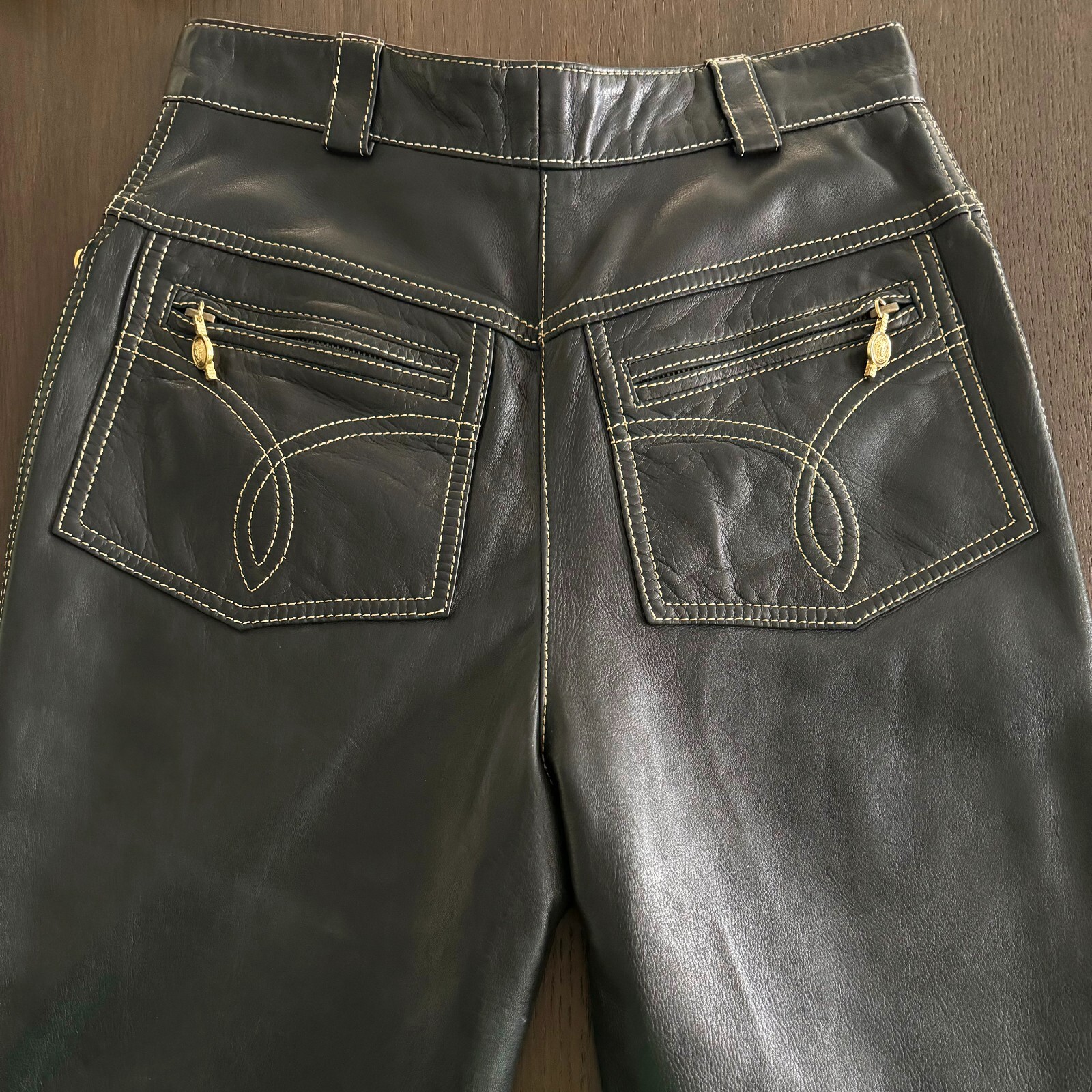 GIANNI VERSACE black leather pants w/ gold stitch size IT 42 from F/W 1992/93