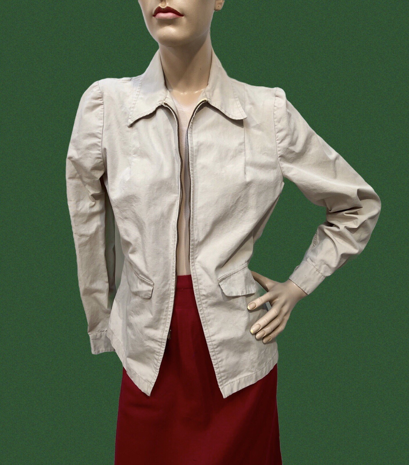 VTG 1940s-50s SPORTSWEAR Womens Cotton POPLIN Kick-Up Sleeve ZIP-FRONT JACKET XS