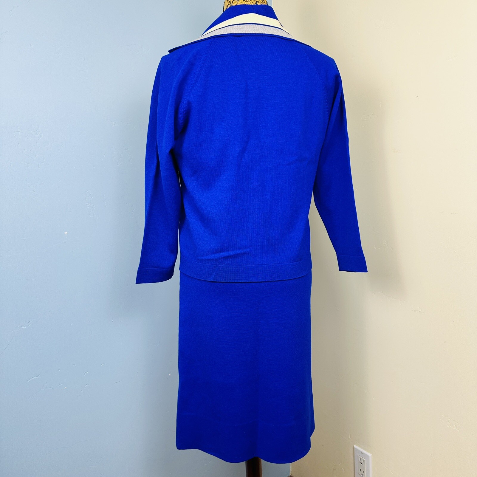 50s Amalfi Imports 3 Pc Italian Wool Knit Womens Suit Blue Pencil Skirt Sz L 12