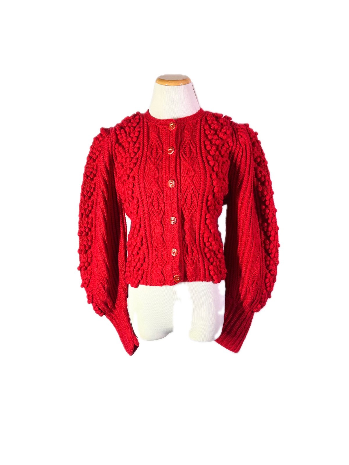 Vintage Gilca Putz Thick Wool Red Cardigan Sweater Pom Poms