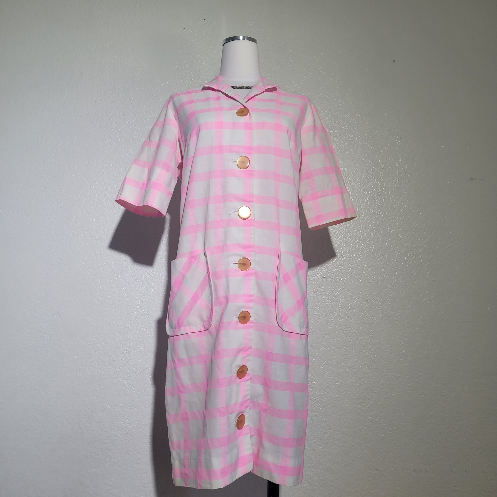 Vintage Stockton Pink Yvory Shirt Dress Gingham Button Up Front Pockets. No Size